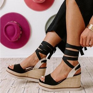 Black ballerina wrap lace up wedge platform